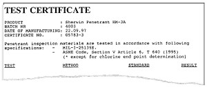 NDT Italiana SHERWIN DUBL-CHEK certificati di analisi